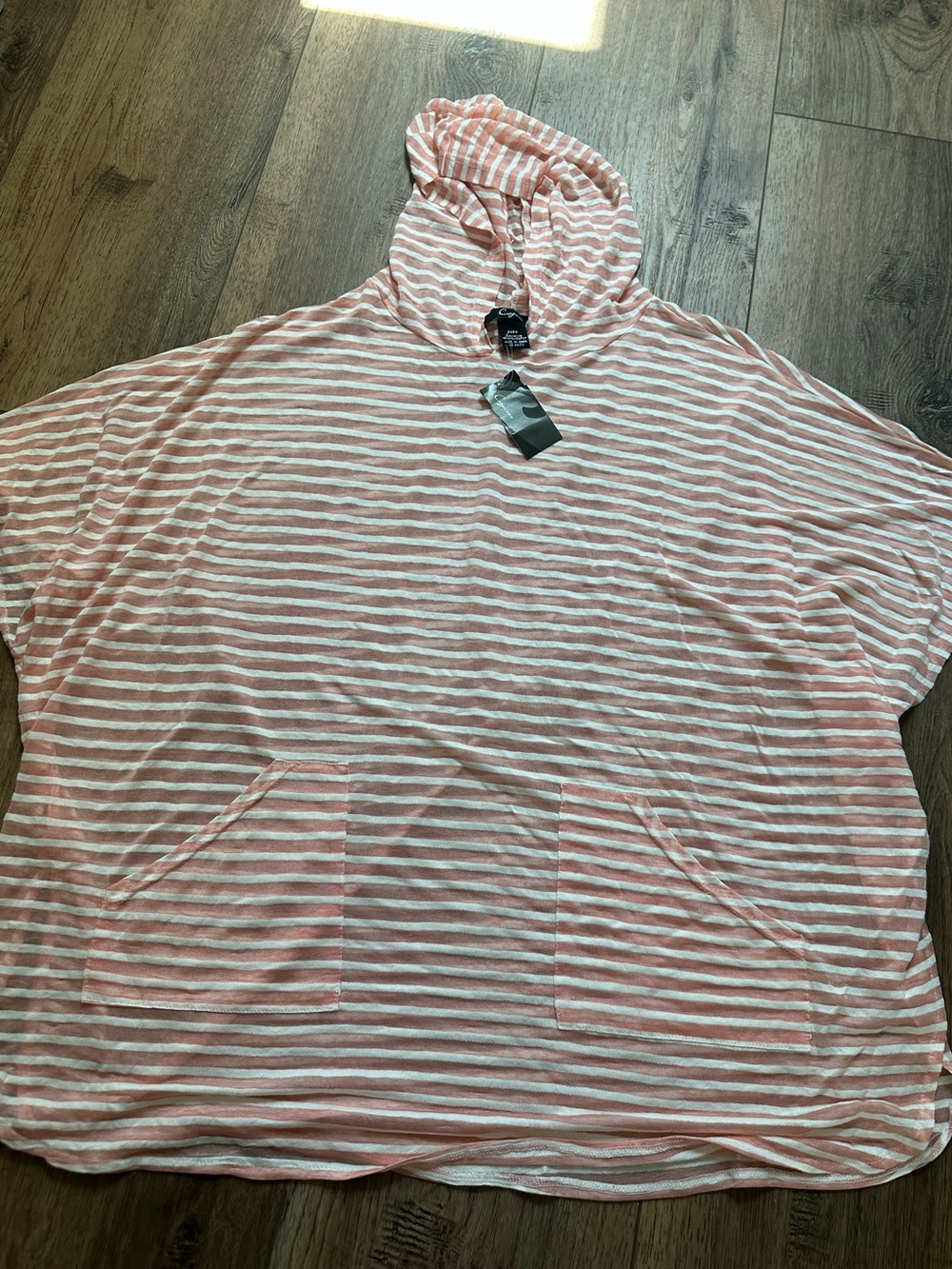 NWT! Pink and White Striped Poncho Style Hoodie, Sheer, Cover Up, OSFM